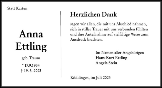 Traueranzeige von Anna Ettling von VRM Trauer