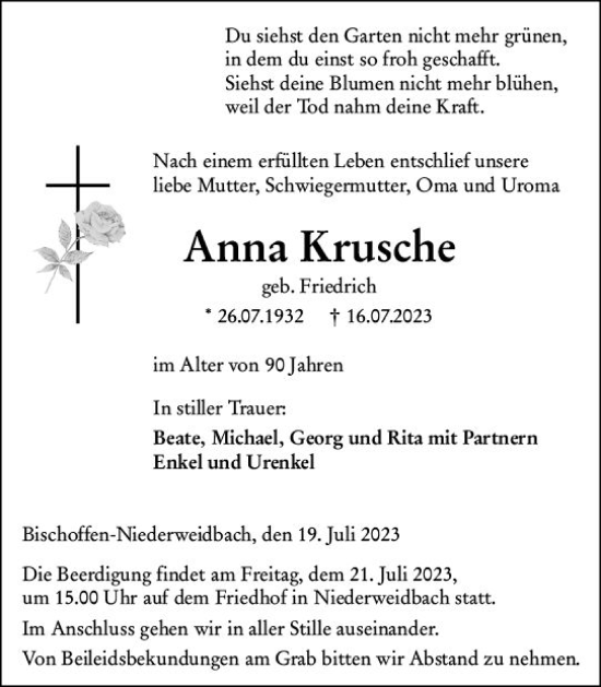 Traueranzeige von Anna Krusche von Dill Block Traueranzeige von Anna Krusche von Dill Block