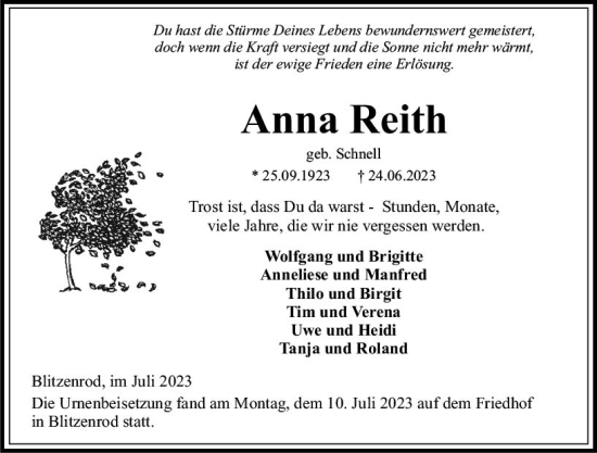 Traueranzeige von Anna Reith von VRM Trauer
