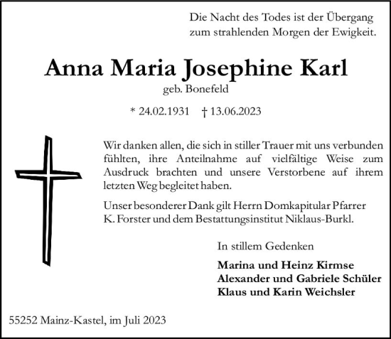 Traueranzeige von Anna Maria Josephine Karl von Allgemeine Zeitung Mainz