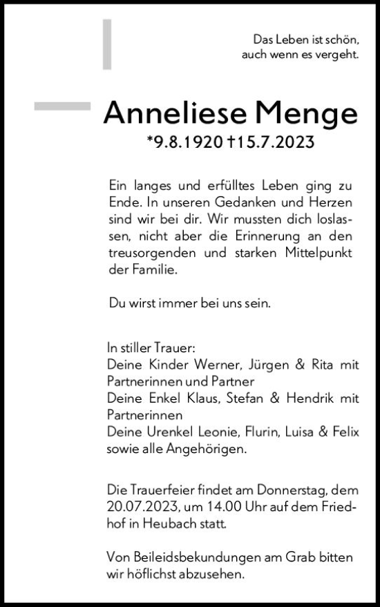 Traueranzeige von Anneliese Menge von Darmstädter Echo