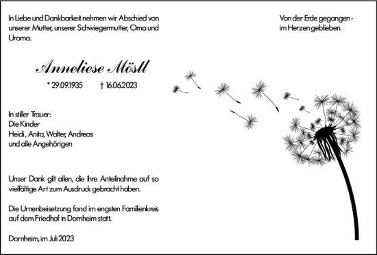 Traueranzeige von Anneliese Möstl von Groß-Gerauer Echo