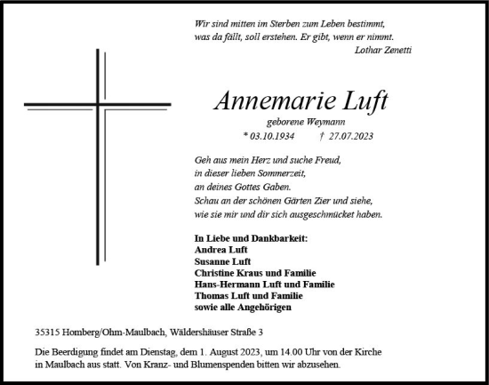 Traueranzeige von Annemarie Luft von VRM Trauer