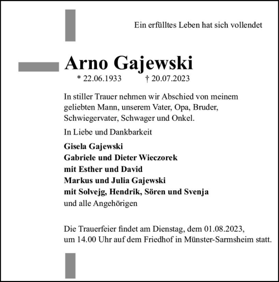 Traueranzeige von Arno Gajewski von Allgemeine Zeitung Bingen/Ingelheim