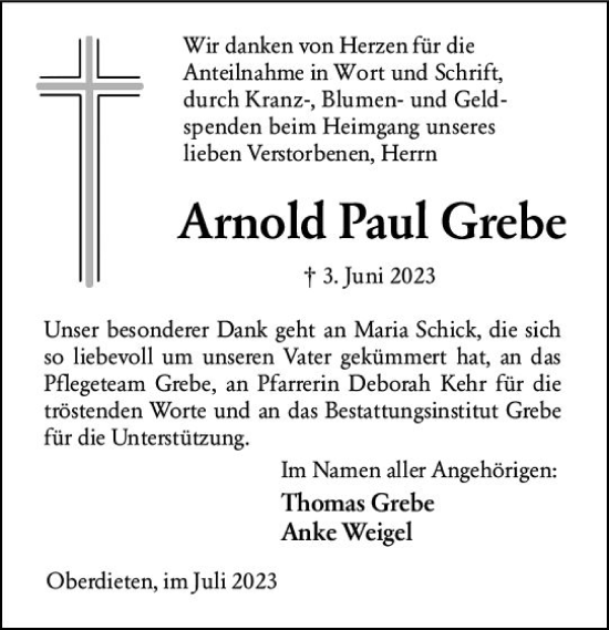 Traueranzeige von Arnold Paul Grebe von Hinterländer Anzeiger
