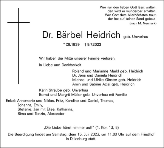 Traueranzeige von Bärbel Heidrich von Dill Block