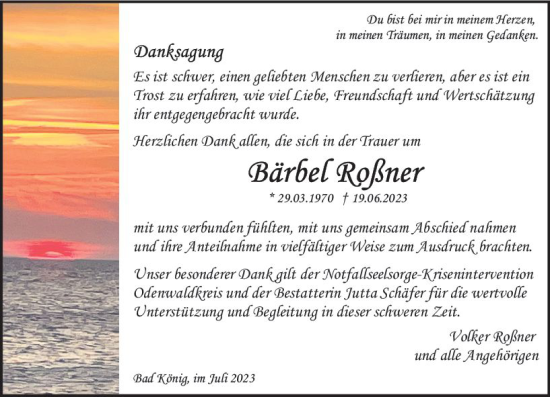 Traueranzeige von Bärbel Roßner von Odenwälder Echo