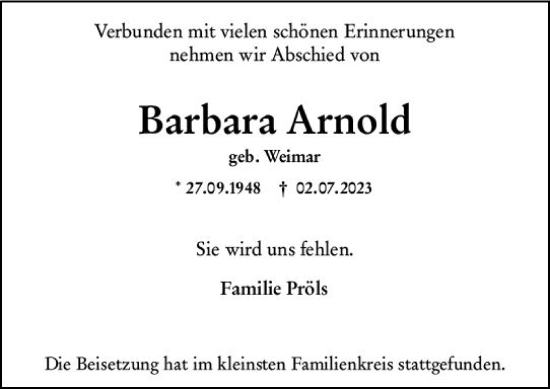 Traueranzeige von Barbara Arnold von Wiesbadener Kurier