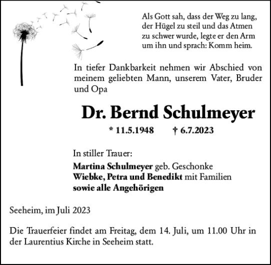Traueranzeige von Bernd Schulmeyer von Darmstädter Echo