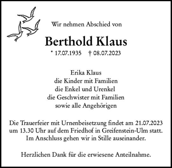 Traueranzeige von Berthold Klaus von Wetzlarer Neue Zeitung