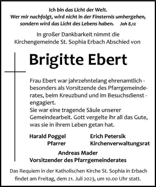 Traueranzeige von Brigitte Ebert von Odenwälder Echo