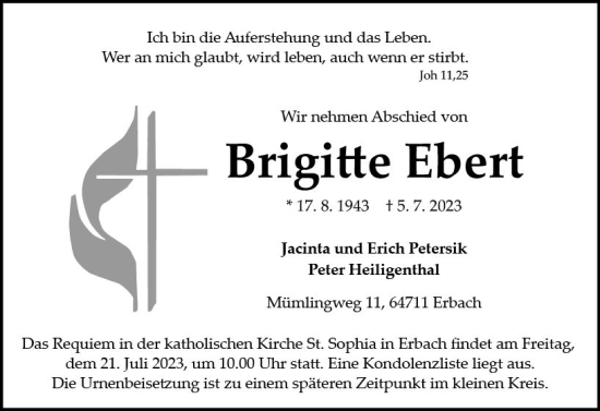 Traueranzeige von Brigitte Ebert von Odenwälder Echo