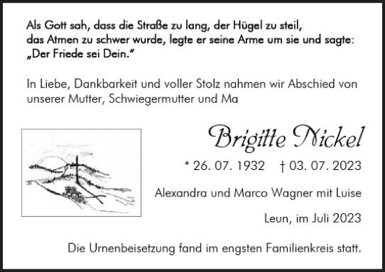 Traueranzeige von Brigitte Nickel von Wetzlarer Neue Zeitung
