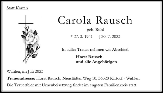 Traueranzeige von Carola Rausch von VRM Trauer