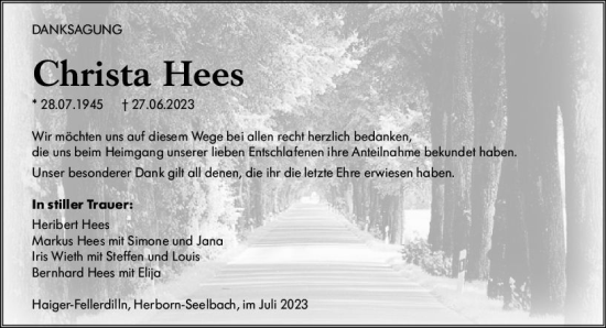 Traueranzeige von Christa Hees von Dill Block
