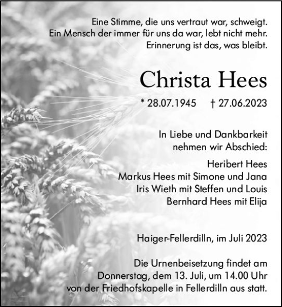 Traueranzeige von Christa Hees von Dill Block