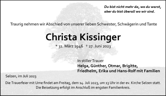 Traueranzeige von Christa Kissinger von Allgemeine Zeitung Mainz