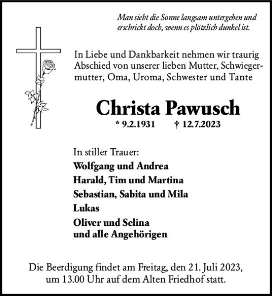 Traueranzeige von Christa Pawusch von Hochheimer Zeitung