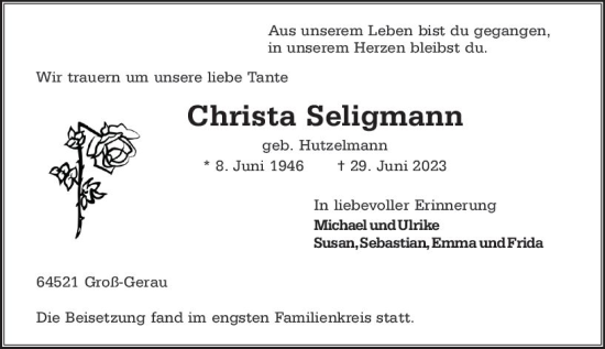 Traueranzeige von Christa Seligmann von Groß-Gerauer Echo
