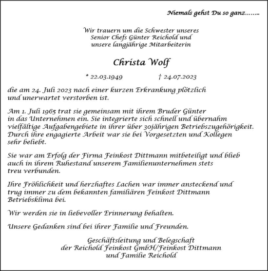 Traueranzeige von Christa Wolf von Wiesbadener Kurier