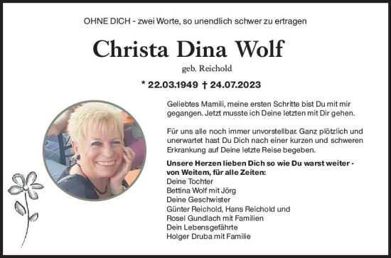 Traueranzeige von Christa Dina Wolf von Wiesbadener Kurier