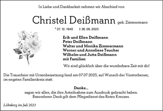 Traueranzeige von Christel Deißmann von Weilburger Tageblatt