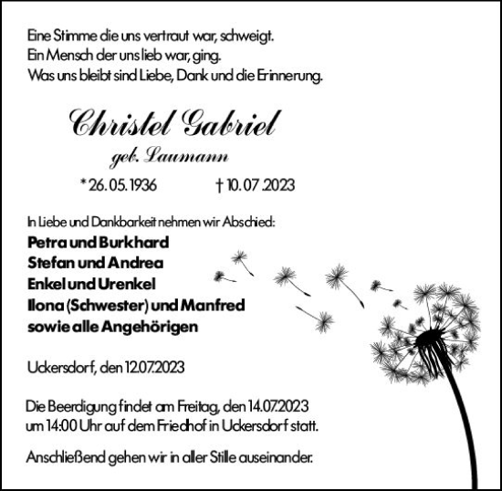 Traueranzeige von Christel Gabriel von Dill Block Traueranzeige von Christel Gabriel von Dill Block