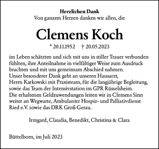 Traueranzeige von Clemens Koch von Groß-Gerauer Echo