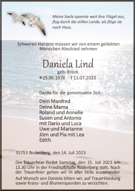 Traueranzeige von Daniela Lind von Dill Block Traueranzeige von Daniela Lind von Dill Block