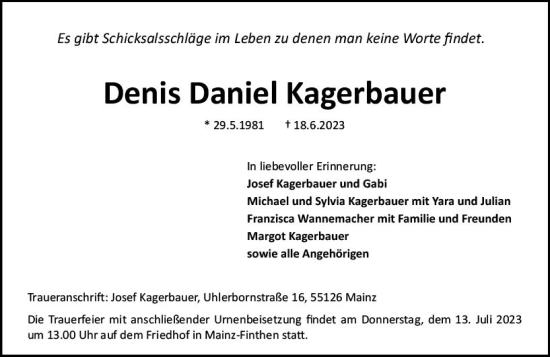 Traueranzeige von Denis Daniel Kagerbauer von Allgemeine Zeitung Mainz