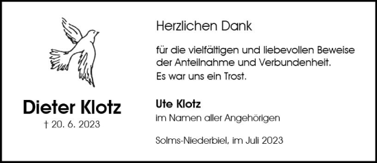 Traueranzeige von Dieter Klotz von Wetzlarer Neue Zeitung