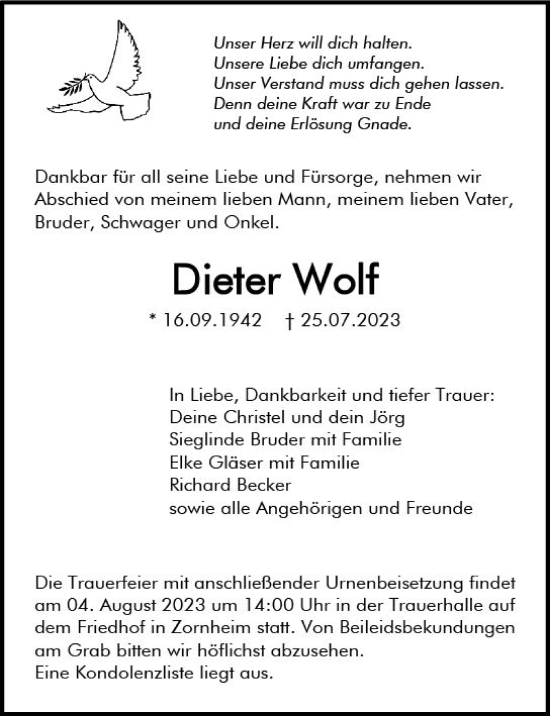 Traueranzeige von Dieter Wolf von Allgemeine Zeitung Mainz