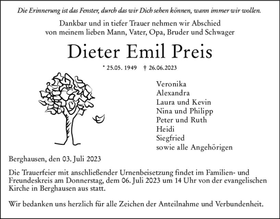 Traueranzeige von Dieter Emil Preis von Wetzlarer Neue Zeitung