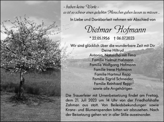 Traueranzeige von Dietmar Hofmann von VRM Trauer