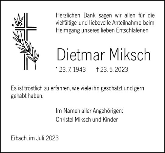 Traueranzeige von Dietmar Miksch von Dill Block