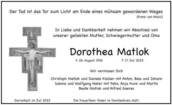 Traueranzeige von Dorothea Matlok von Darmstädter Echo