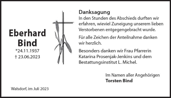 Traueranzeige von Eberhard Bind von Camberger Anzeiger