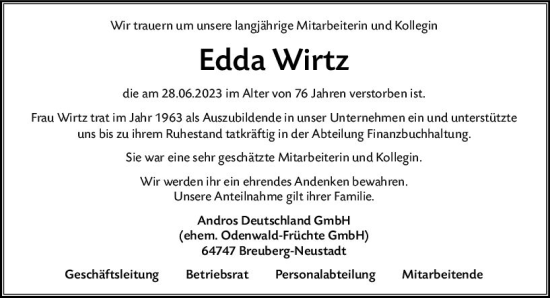 Traueranzeige von Edda Wirtz von Odenwälder Echo