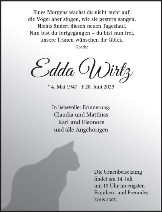 Traueranzeige von Edda Wirtz von Odenwälder Echo