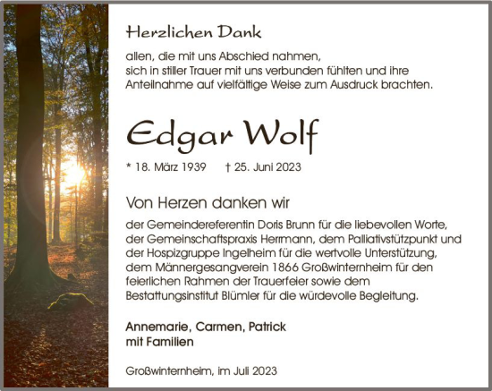 Traueranzeige von Edgar Wolf von Allgemeine Zeitung Bingen/Ingelheim