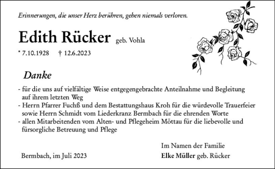 Traueranzeige von Edith Rücker von Weilburger Tageblatt