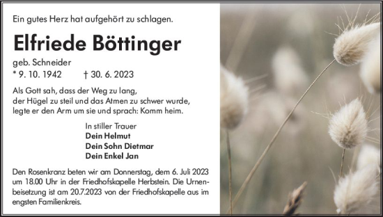 Traueranzeige von Elfriede Böttinger von VRM Trauer