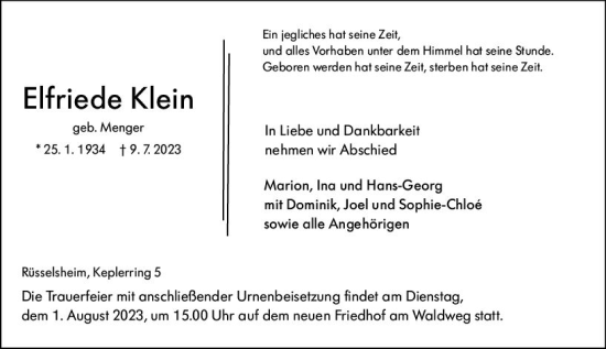 Traueranzeige von Elfriede Klein von Rüsselsheimer Echo