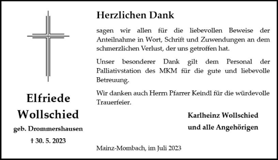 Traueranzeige von Elfriede Wollschied von Allgemeine Zeitung Mainz