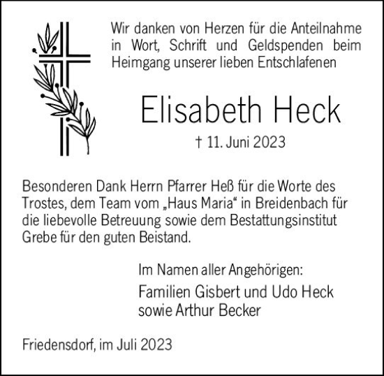 Traueranzeige von Elisabeth Heck von Hinterländer Anzeiger