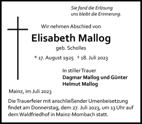 Traueranzeige von Elisabeth Mallog von Allgemeine Zeitung Mainz