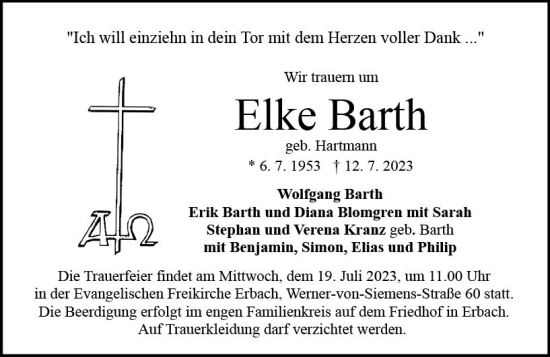 Traueranzeige von Elke Barth von Odenwälder Echo
