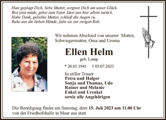 Traueranzeige von Ellen Helm von VRM Trauer