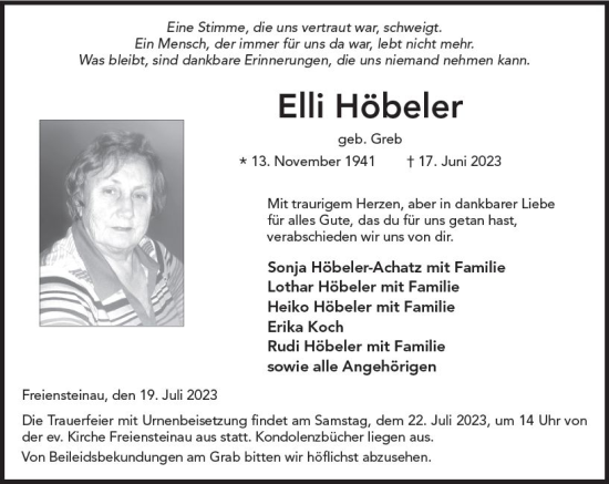 Traueranzeige von Elli Höbeler von VRM Trauer