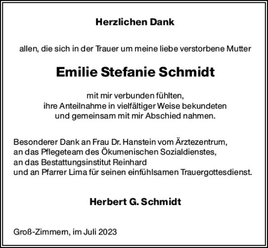 Traueranzeige von Emilie Stefanie Schmidt von Dieburger Anzeiger/Groß-Zimmerner Lokal-Anzeiger